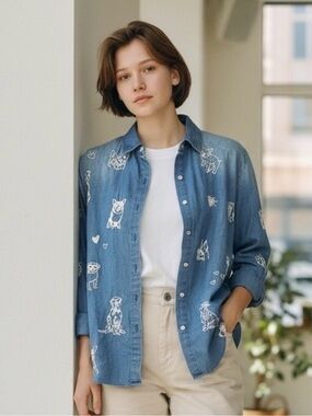 JOHNNY WAS Workshop For Dog Lovers Only Denim Shirt XS 20.5” p2p Blue $255